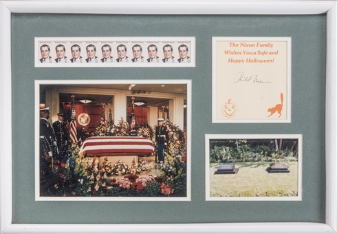 Richard Nixon Signed Cut With Photos & Stamps in 14x22 Framed Display (JSA)